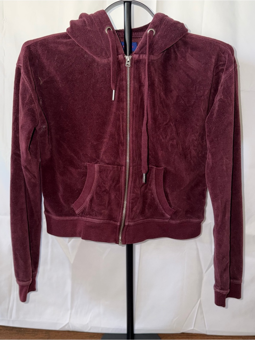 Aeropostale Burgundy Velour Cropped Hooded Zip Jacket